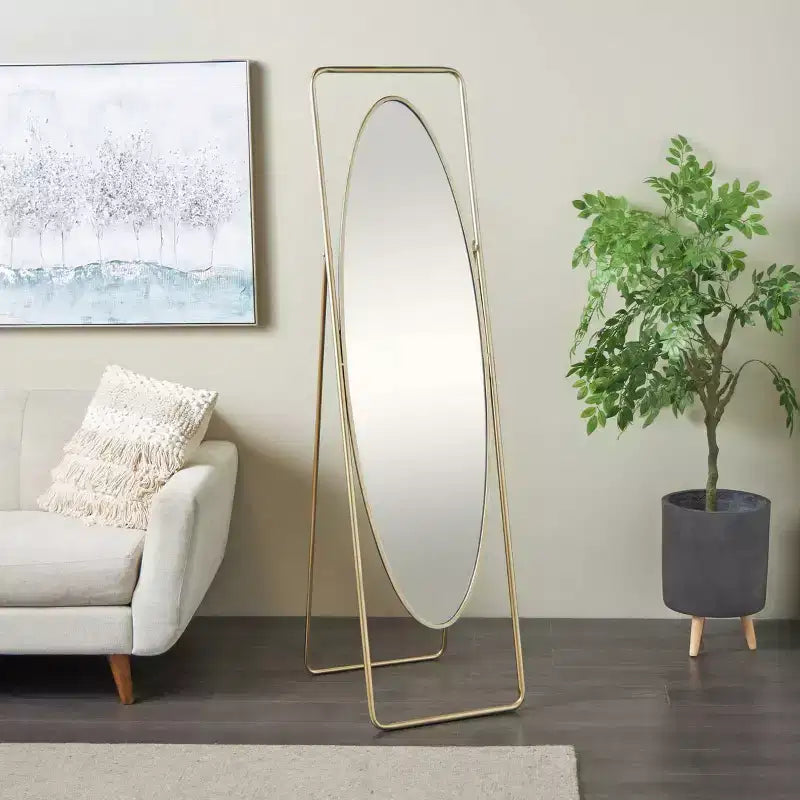 Olivia & May 66"x17"Metal Geometric Oval Floor Mirror with Rectangular Frame and Stand Gold: No Scratch Base, Indoor Use, Fully Assembled