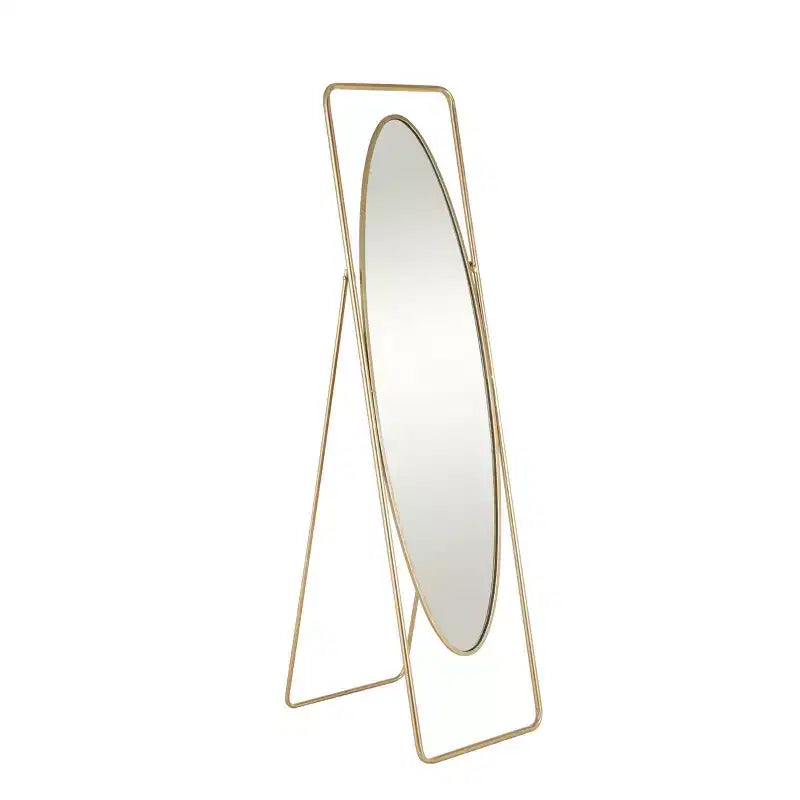 Olivia & May 66"x17"Metal Geometric Oval Floor Mirror with Rectangular Frame and Stand Gold: No Scratch Base, Indoor Use, Fully Assembled