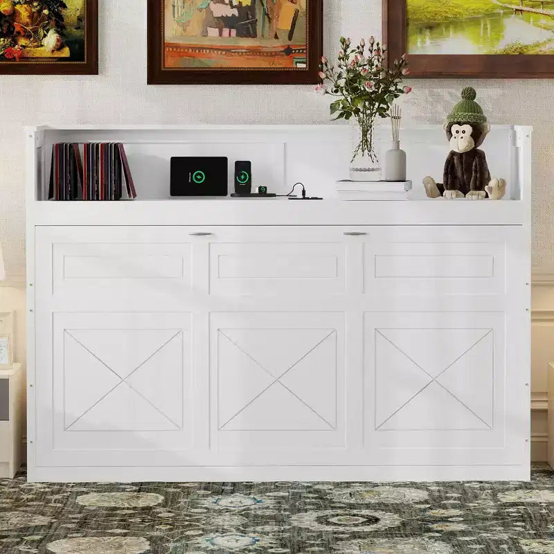 Twin XL Size Murphy Bed Wall Bed Frame, Wood Cabinet Bed with Built-in Desk, LED Light and USB Charging Station, White -ModernLuxe