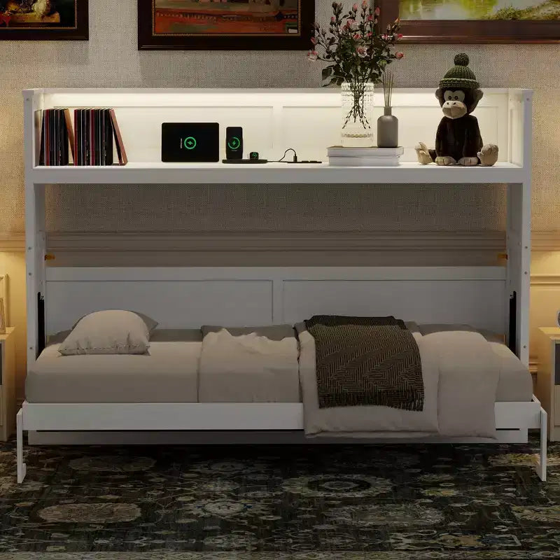 Twin XL Size Murphy Bed Wall Bed Frame, Wood Cabinet Bed with Built-in Desk, LED Light and USB Charging Station, White -ModernLuxe