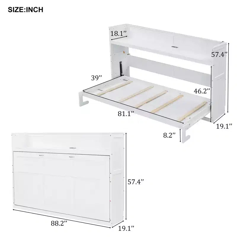 Twin XL Size Murphy Bed Wall Bed Frame, Wood Cabinet Bed with Built-in Desk, LED Light and USB Charging Station, White -ModernLuxe