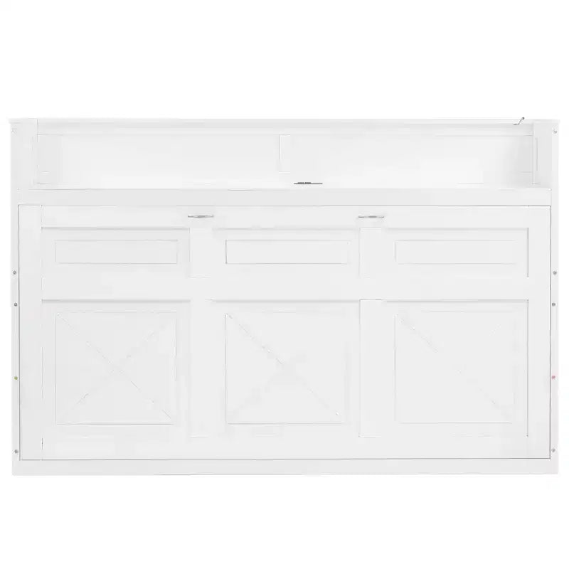 Twin XL Size Murphy Bed Wall Bed Frame, Wood Cabinet Bed with Built-in Desk, LED Light and USB Charging Station, White -ModernLuxe