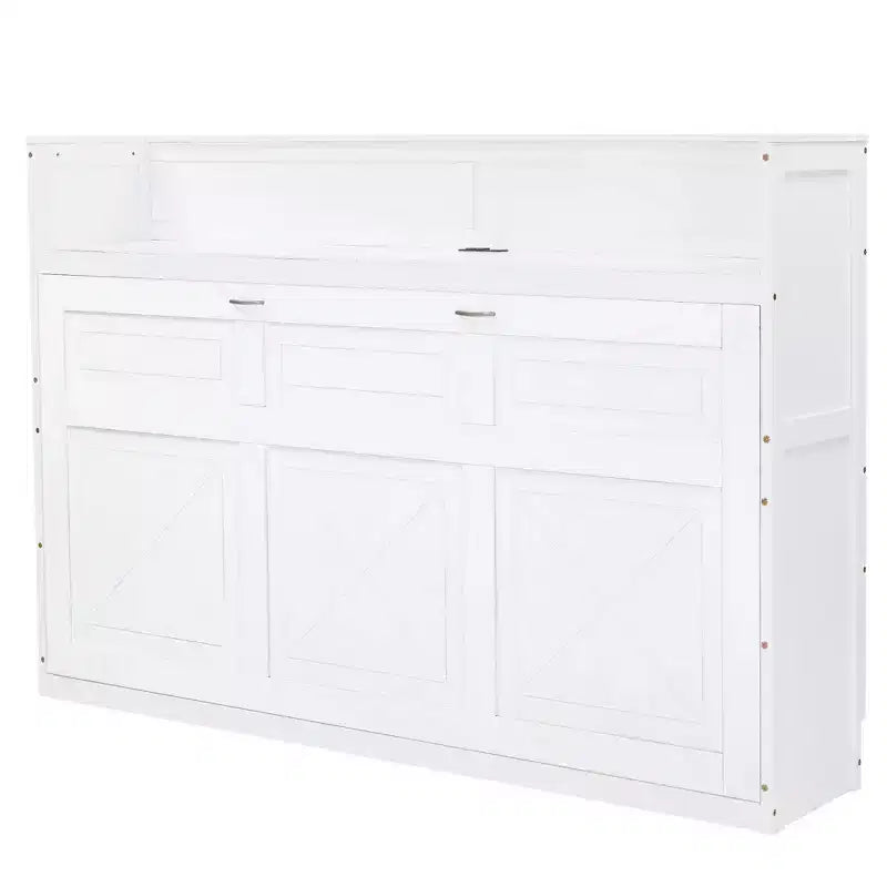 Twin XL Size Murphy Bed Wall Bed Frame, Wood Cabinet Bed with Built-in Desk, LED Light and USB Charging Station, White -ModernLuxe