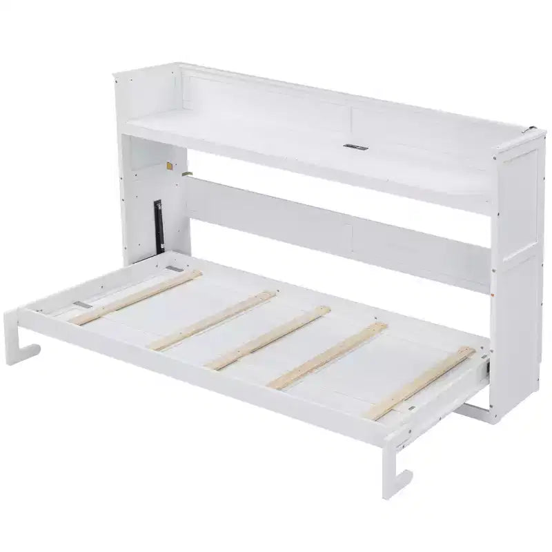 Twin XL Size Murphy Bed Wall Bed Frame, Wood Cabinet Bed with Built-in Desk, LED Light and USB Charging Station, White -ModernLuxe