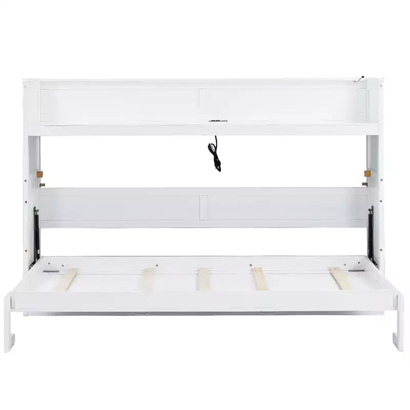 Twin XL Size Murphy Bed Wall Bed Frame, Wood Cabinet Bed with Built-in Desk, LED Light and USB Charging Station, White -ModernLuxe