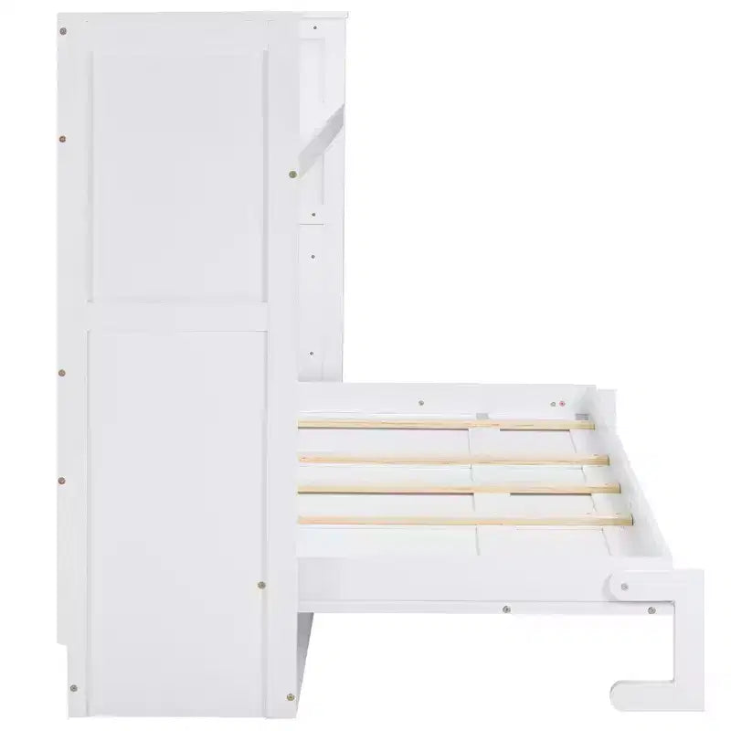 Twin XL Size Murphy Bed Wall Bed Frame, Wood Cabinet Bed with Built-in Desk, LED Light and USB Charging Station, White -ModernLuxe