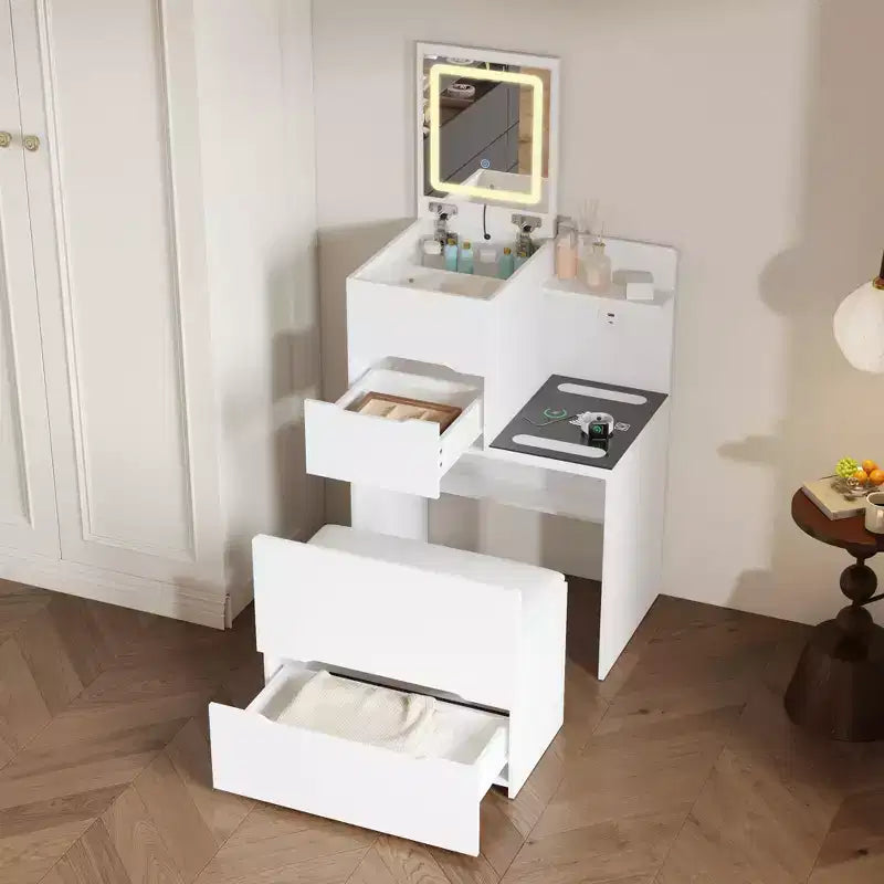 Famapy Space Saving Makeup Vanity w/Light USB Wireless Charging Dressing Vanity Table
