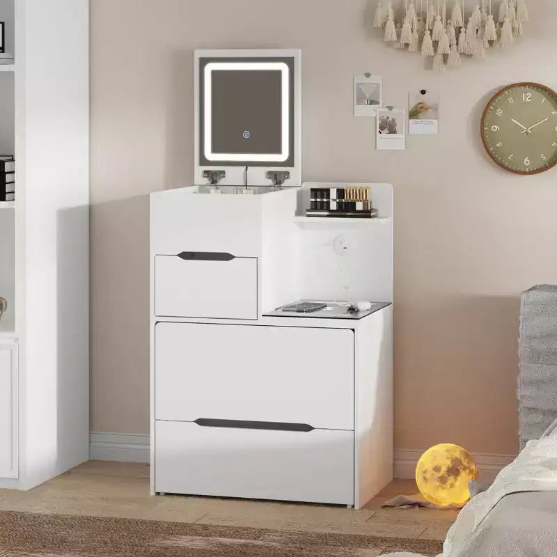 Famapy Space Saving Makeup Vanity w/Light USB Wireless Charging Dressing Vanity Table