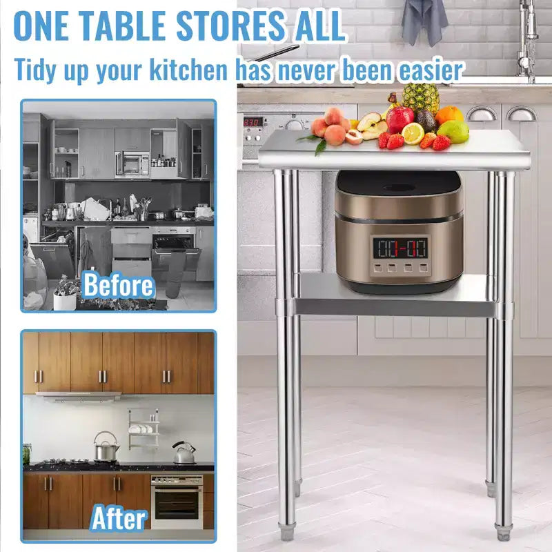 VEVOR Stainless Steel Prep Table, 24 x 18 x 36 Inch, 600lbs Load Capacity Heavy Duty Metal Worktable with Adjustable Undershelf & Feet