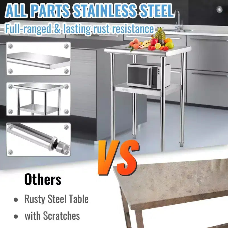 VEVOR Stainless Steel Prep Table, 24 x 18 x 36 Inch, 600lbs Load Capacity Heavy Duty Metal Worktable with Adjustable Undershelf & Feet