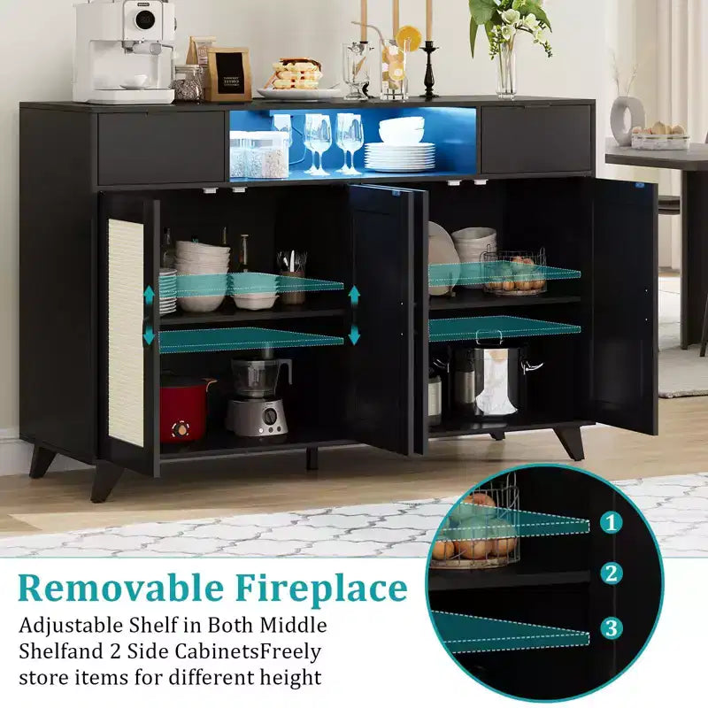 Sideboard Buffet Cabinet, 4 Rattan Doors 2 Drawers Accent Storage Cabinet
