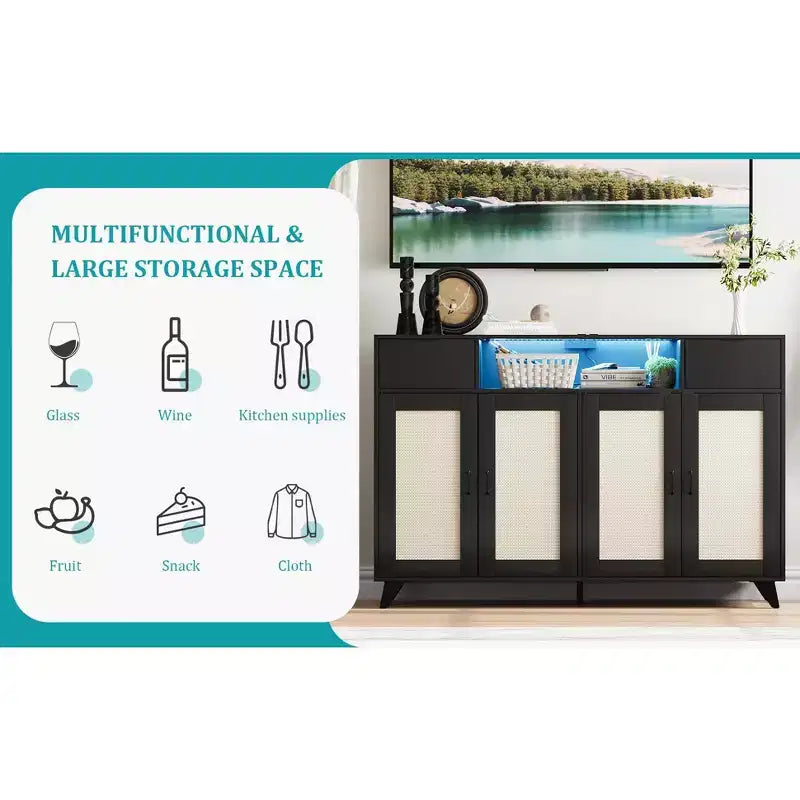 Sideboard Buffet Cabinet, 4 Rattan Doors 2 Drawers Accent Storage Cabinet