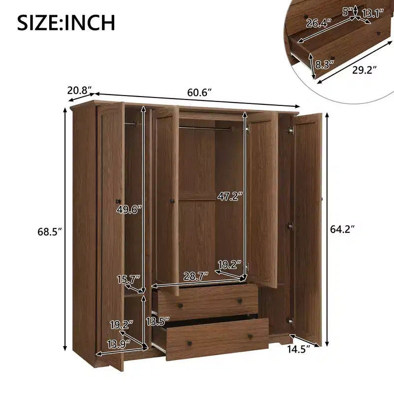 4 Door Wardrobe Armoire Closet with 2 Drawers