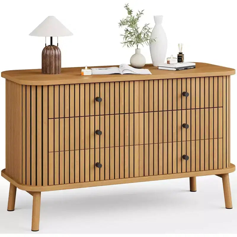 47-Inch Small 6-Drawer Dresser with Metal Legs, Oak Wood Grain Farmhouse Style for Bedroom Nursery Apartment