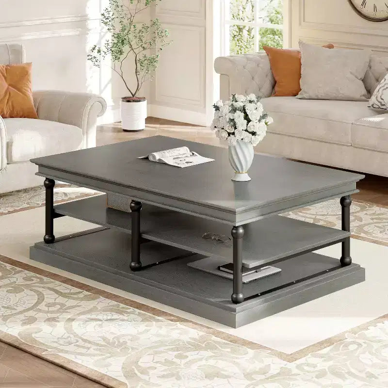 Modern 55" Wood Coffee Table with 2 Open Storage Shelves