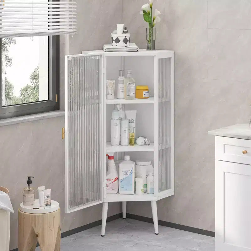 Modern 22" Triangle Metal Corner Cabinet with Glass Door