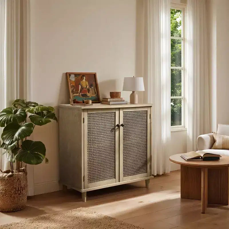 Art Leon Cane Wicker Cabinet Sideboard