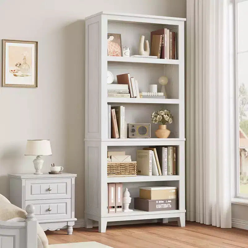 Wooden Bookcase 5 Tier Storage Bookshelf Farmhouse Bookshelves Rustic Vintage Etagere for Home Office,Living Room,Bed Room,White