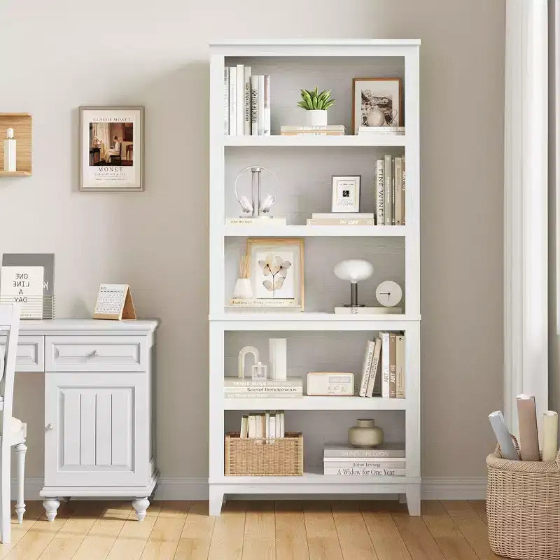 Wooden Bookcase 5 Tier Storage Bookshelf Farmhouse Bookshelves Rustic Vintage Etagere for Home Office,Living Room,Bed Room,White