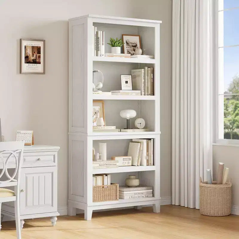Wooden Bookcase 5 Tier Storage Bookshelf Farmhouse Bookshelves Rustic Vintage Etagere for Home Office,Living Room,Bed Room,White