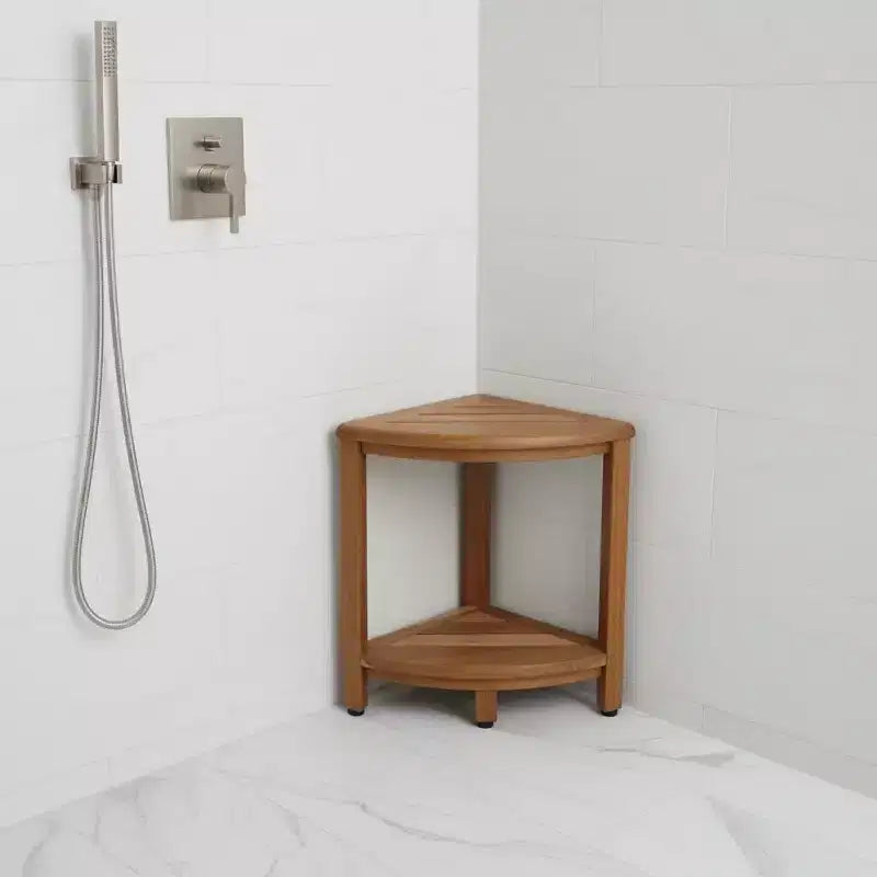HomeRoots 17 Brown Teak Corner Shower Bench With Shelf