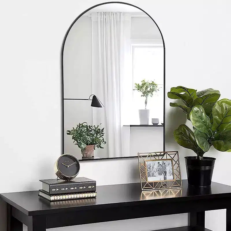 20x30 Inch Black Metal Framed Arched Bathrrom Mirror for Wall.