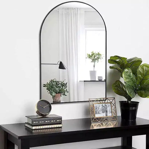 20x30 Inch Black Metal Framed Arched Bathrrom Mirror for Wall.