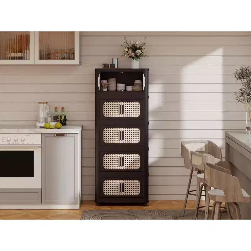 20" Wide 4-Tier Plastic Folding Storage Cabinet with Magnetic Door and Wheels, Retro Brown