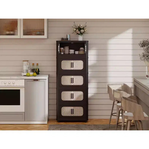 20" Wide 4-Tier Plastic Folding Storage Cabinet with Magnetic Door and Wheels, Retro Brown