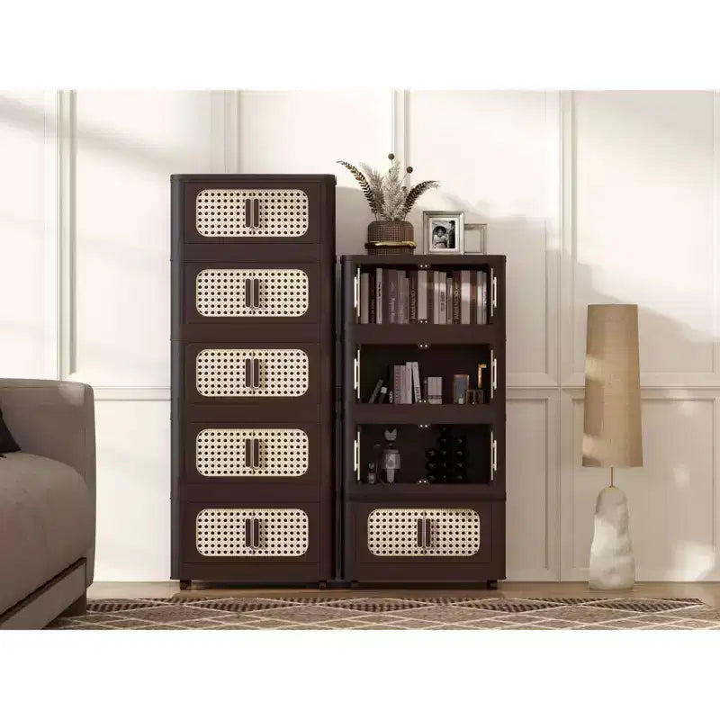 20" Wide 4-Tier Plastic Folding Storage Cabinet with Magnetic Door and Wheels, Retro Brown