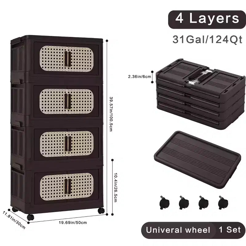 20" Wide 4-Tier Plastic Folding Storage Cabinet with Magnetic Door and Wheels, Retro Brown