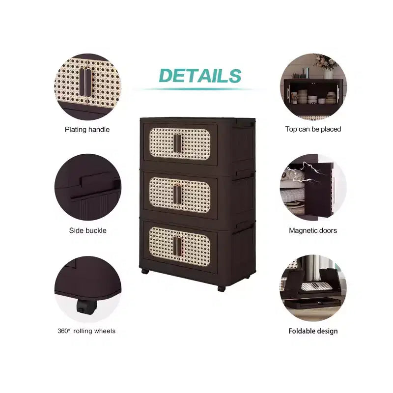 20" Wide 4-Tier Plastic Folding Storage Cabinet with Magnetic Door and Wheels, Retro Brown
