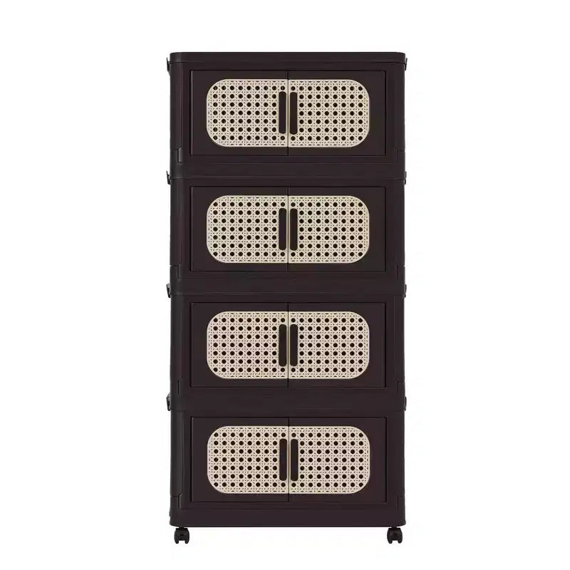 20" Wide 4-Tier Plastic Folding Storage Cabinet with Magnetic Door and Wheels, Retro Brown