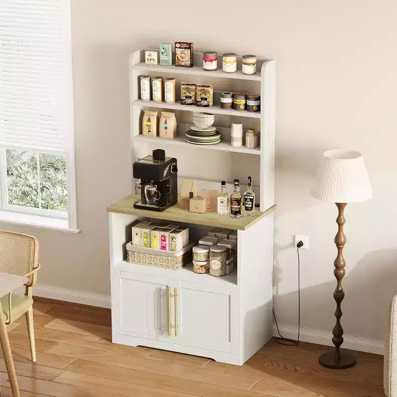 Farmhouse Bakers Rack with Adjustable Shelf, Microwave Stand with Storage Cabinet - Kitchen Hutch,for Pantry Organization, Spices, Dishes