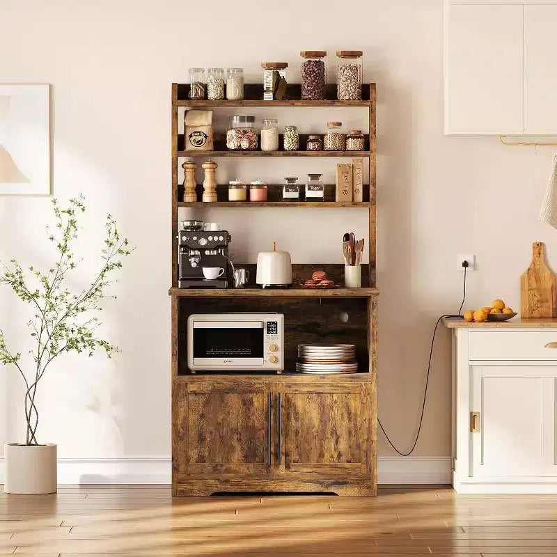 Farmhouse Bakers Rack with Adjustable Shelf, Microwave Stand with Storage Cabinet - Kitchen Hutch,for Pantry Organization, Spices, Dishes