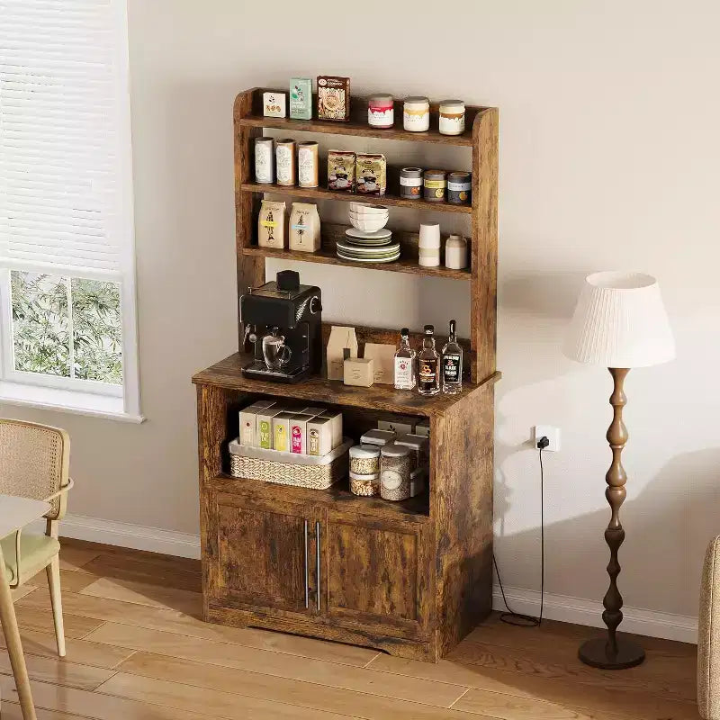 Farmhouse Bakers Rack with Adjustable Shelf, Microwave Stand with Storage Cabinet - Kitchen Hutch,for Pantry Organization, Spices, Dishes
