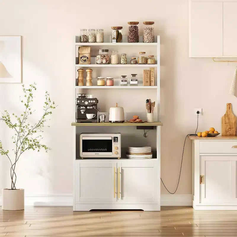 Farmhouse Bakers Rack with Adjustable Shelf, Microwave Stand with Storage Cabinet - Kitchen Hutch,for Pantry Organization, Spices, Dishes