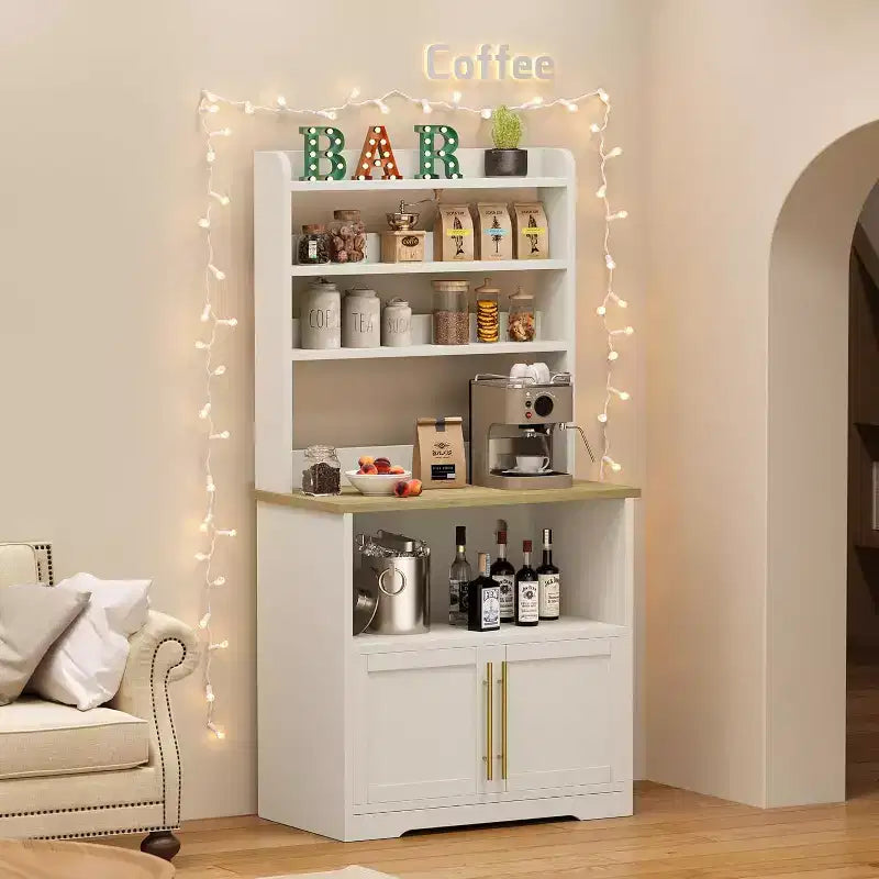Farmhouse Bakers Rack with Adjustable Shelf, Microwave Stand with Storage Cabinet - Kitchen Hutch,for Pantry Organization, Spices, Dishes