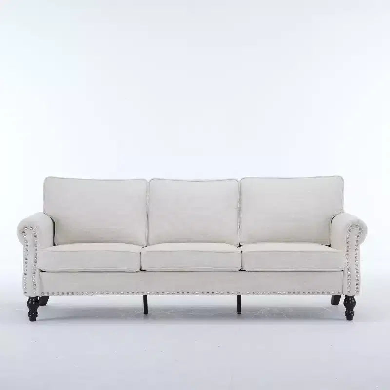 82.68" Faux Leather 3-Seater Sofa with Nailhead Trim for Living Room, Apartment, Office — Beige