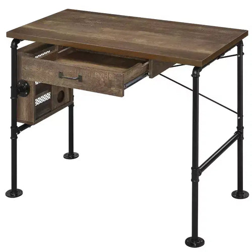 Scrivania rettangolare da 39,5", rovere invecchiato con 3 ripiani aperti, 1 cassetto, gamba in metallo nero