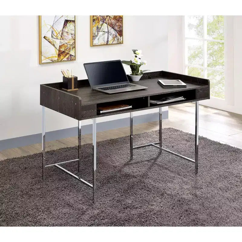 TUYOHW 47 Computer Desk,Office Desk with Storage Drawer,USB Port,Power Outlet,Brown Wood Desktop,Silver Steel Legs,Writing Desk for Office,Study