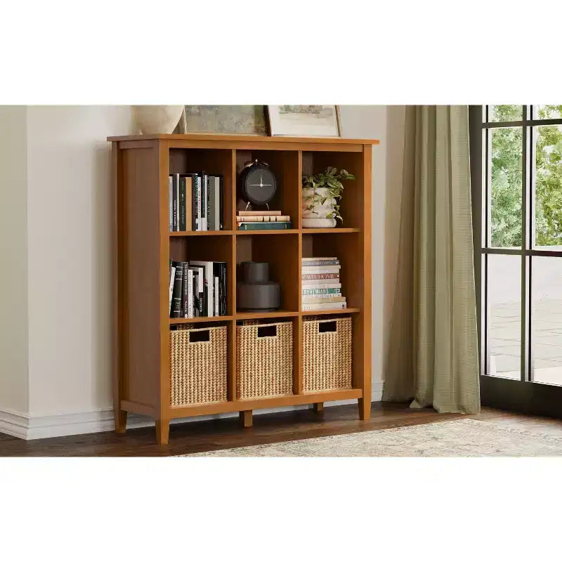 Solid Wood 48" x 44" Transitional 9-Cube Storage Unit in Light Golden Brown