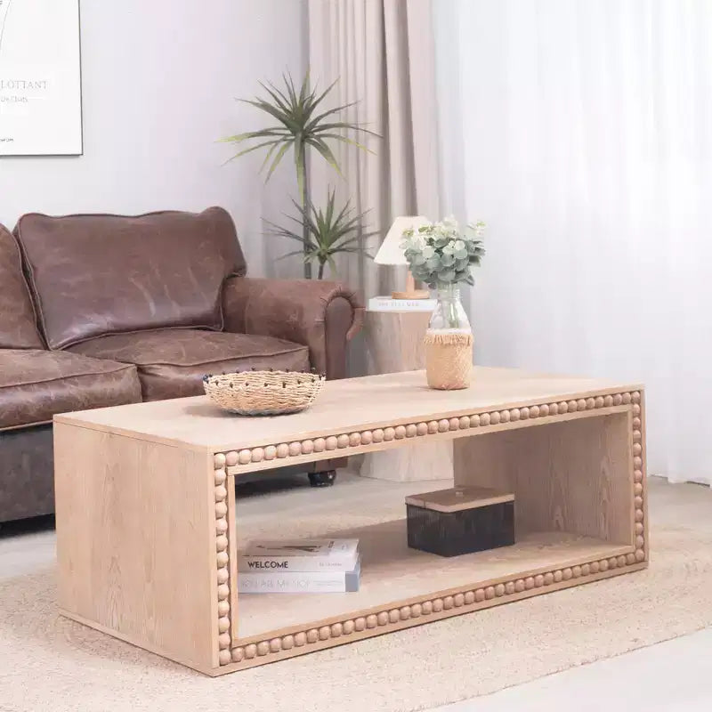 Hawthorne 47.6 Inch Rectangular Coffee Table with Beaded Trim and Open Storage Shelf