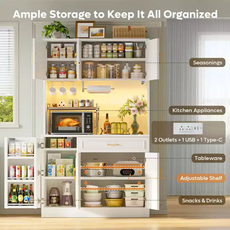 Bestier 71 in. Pantry Cabinet,Farmhouse White Manufactured Wood Buffet w/ Adjustable Shelves, Built-in Lighting and Power Outlet