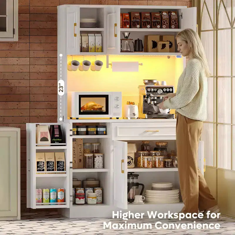 Bestier 71 in. Pantry Cabinet,Farmhouse White Manufactured Wood Buffet w/ Adjustable Shelves, Built-in Lighting and Power Outlet