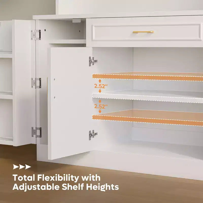 Bestier 71 in. Pantry Cabinet,Farmhouse White Manufactured Wood Buffet w/ Adjustable Shelves, Built-in Lighting and Power Outlet