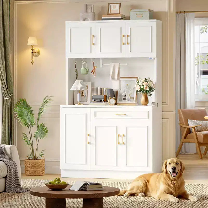 Bestier 71 in. Pantry Cabinet,Farmhouse White Manufactured Wood Buffet w/ Adjustable Shelves, Built-in Lighting and Power Outlet
