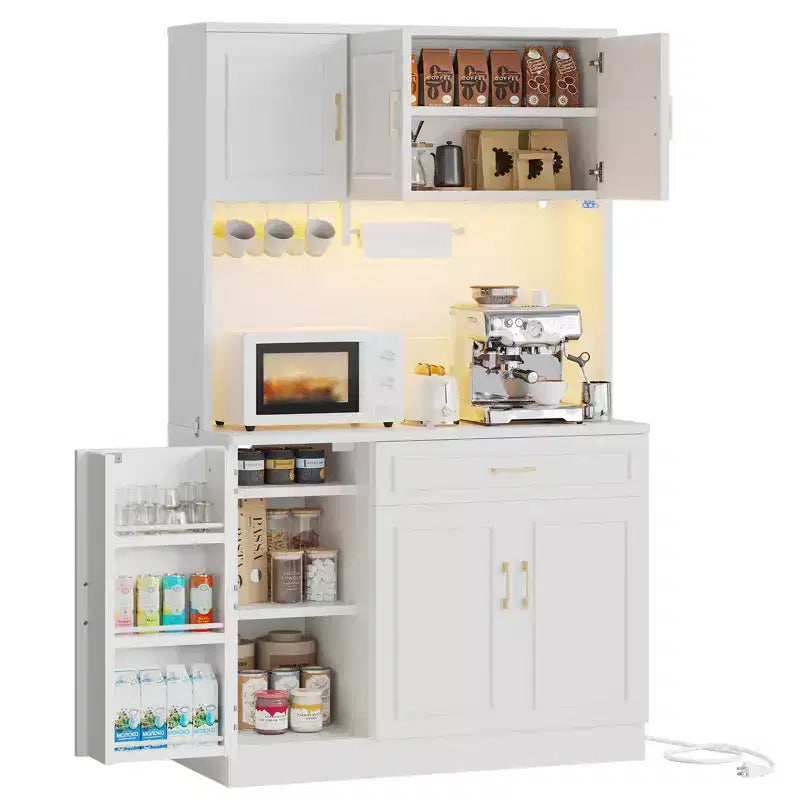 Bestier 71 in. Pantry Cabinet,Farmhouse White Manufactured Wood Buffet w/ Adjustable Shelves, Built-in Lighting and Power Outlet