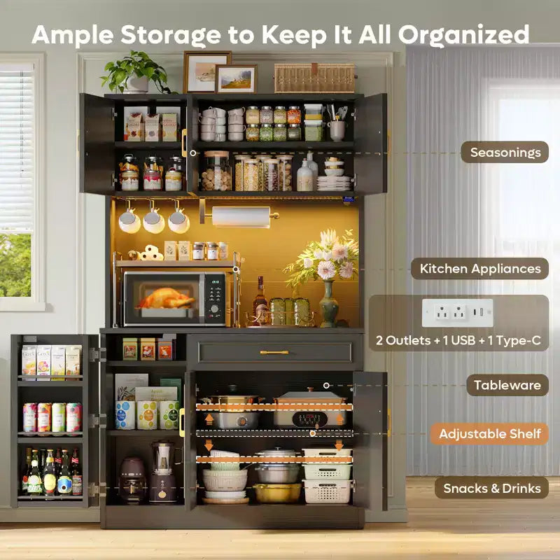 Bestier 71 in. Pantry Cabinet,Farmhouse White Manufactured Wood Buffet w/ Adjustable Shelves, Built-in Lighting and Power Outlet