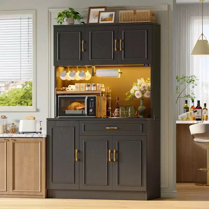 Bestier 71 in. Pantry Cabinet,Farmhouse White Manufactured Wood Buffet w/ Adjustable Shelves, Built-in Lighting and Power Outlet